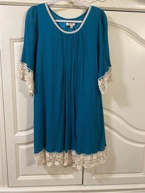Umgee Teal Boho Crochet-Trim Tunic Dress